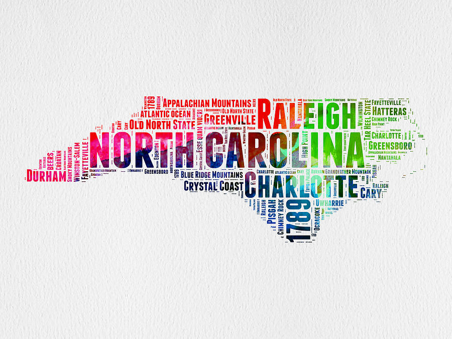 North Carolina Watercolor Word Cloud Map Digital Art by Naxart Studio ...