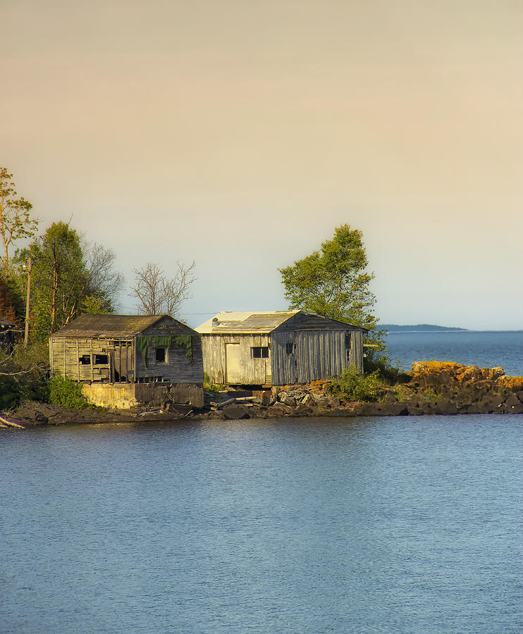 Rustic Lakeside Cabins at Sunset Photograph - North Shore Old Buildings by Bill and Linda Tiepelman