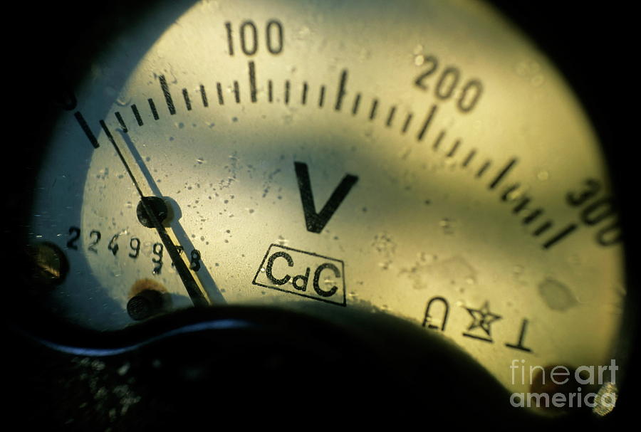 Vintage Voltmeter Close-Up Photograph - Numbers on the dial of a voltmeter by Sami Sarkis Photography