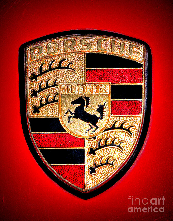 Porsche Emblem on Red Background Photograph - Old Porsche Badge by Olivier Le Queinec