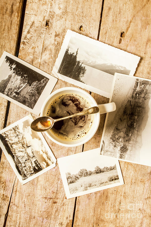 Vintage Coffee and Photos on Wooden Table Photograph - Past time tea by Jorgo Photography