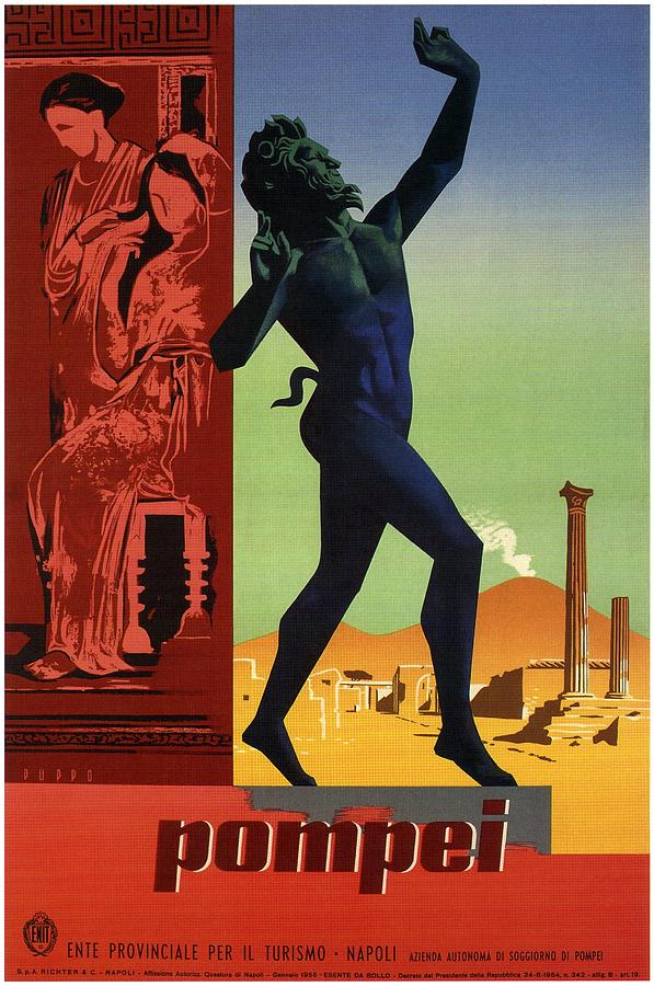 Pompeii Ancient Ruins Poster Mixed Media - Pompei - City Of Naples, Italy - Statue of a Dancing Faun - Retro travel Poster - Vintage Poster by Studio Grafiikka