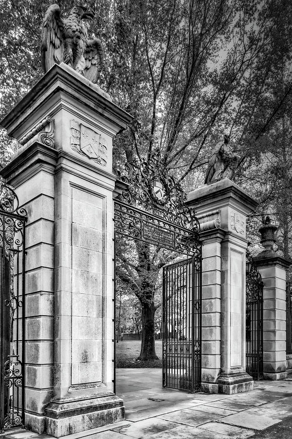Ornate Iron Gate with Statues Photograph - Princeton University Main Entrance Gate BW by Susan Candelario