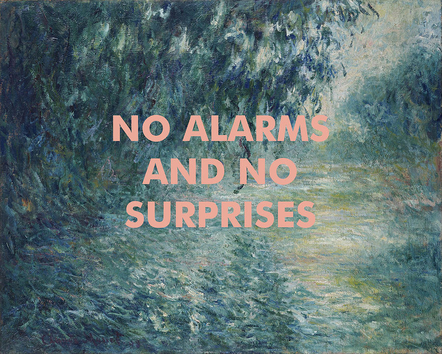 Text Overlay on Impressionist Landscape Digital Art - Radiohead No Surprises Print by Georgia Clare