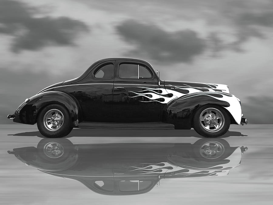 Reflections Of a 1940 Ford Deluxe Hot Rod with Flames in Black and