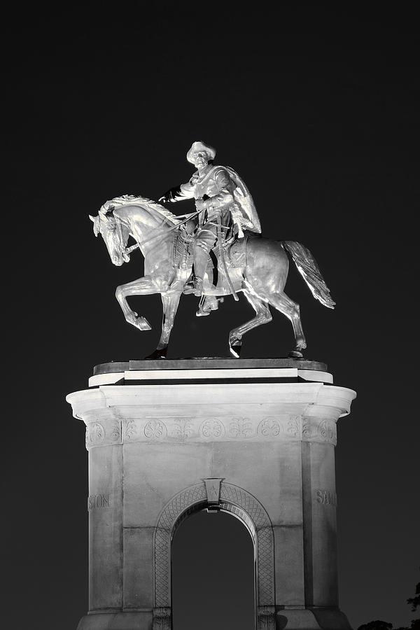Equestrian Statue in Nighttime Glow Photograph - Sam Houston - Black and White by David Morefield