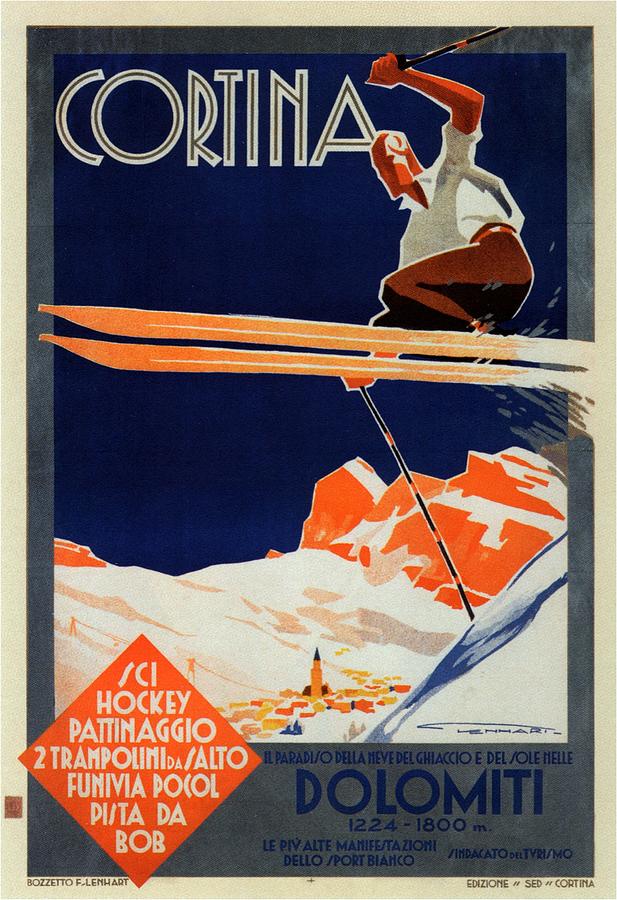 Cortina Winter Sports Poster Painting - Skiing on the Alps in Cortina - Ice Hockey Tournament - Vintage Advertising Poster by Studio Grafiikka