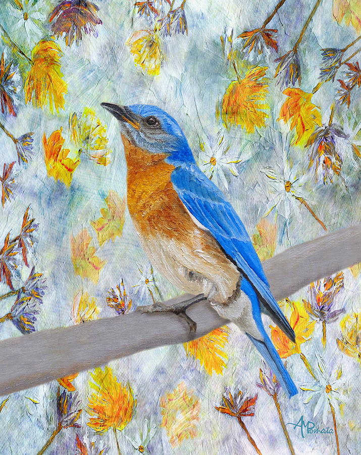 Bluebird on a Branch Painting - Springtime Eastern Bluebird by Angeles M Pomata