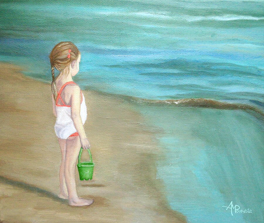 Girl with Green Bucket by the Sea Painting - Staring At The Sea by Angeles M Pomata