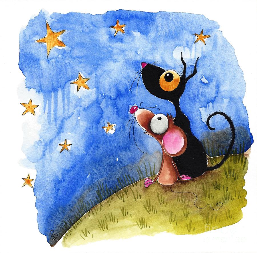 Cat and Mouse Stargazing Painting - Starry Evening by Lucia Stewart