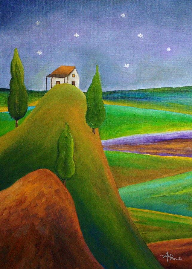 Cottage on Rolling Hills at Night Painting - Starry Summer Night by Angeles M Pomata