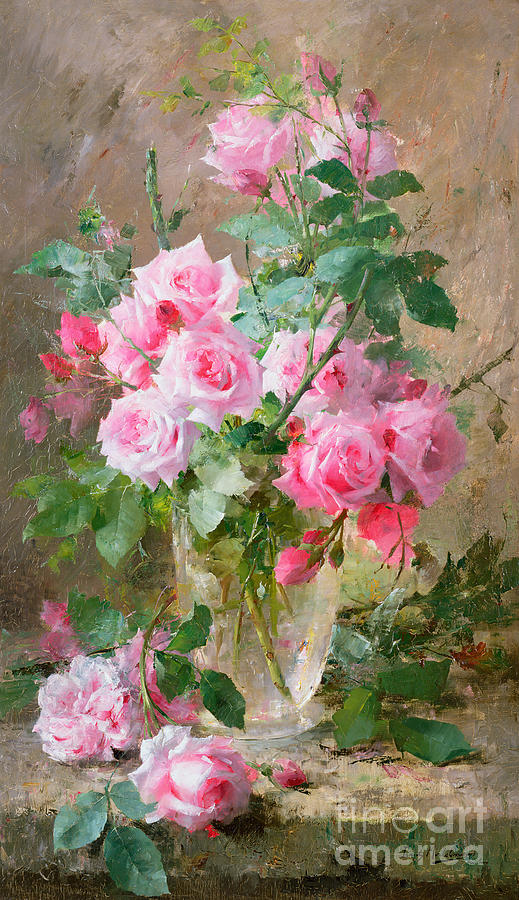 Still life of roses in a glass vase Painting by Frans Mortelmans ...