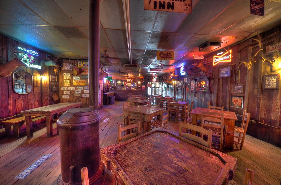 Rustic Bar Interior with Neon Signs Photograph - Swinging Doors at the Dixie Chicken by David Morefield