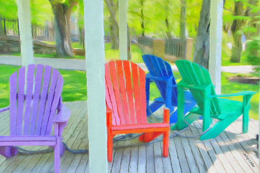 Colorful Adirondack Chairs on Porch Painting - Take a Seat but Dont Take a Chair by Jeffrey Kolker