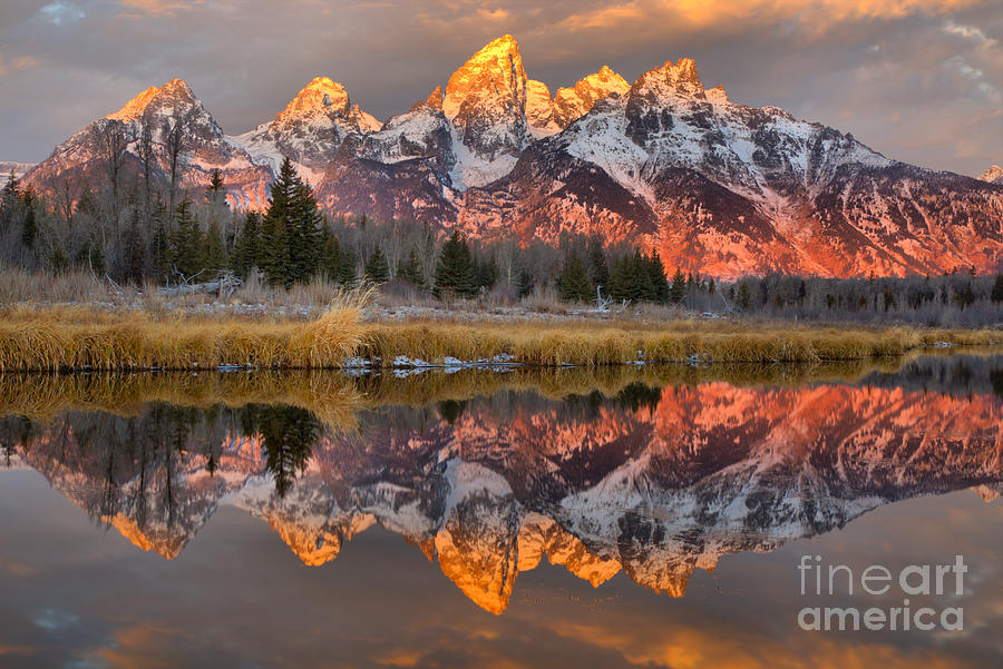 Majestic Mountain Range Reflection at Sunset Photograph - Teton Mountains Sunrise Rainbow by Adam Jewell