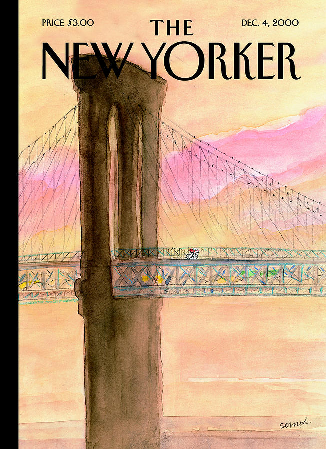 Brooklyn Bridge at Sunset Painting - A Bicyclist on His Way to Brooklyn by Jean-Jacques Sempe