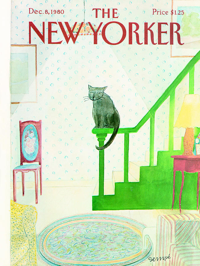 Cat Sitting on Stair Railing Photograph - The New Yorker Cover - December 8th, 1980 by Jean-Jacques Sempe