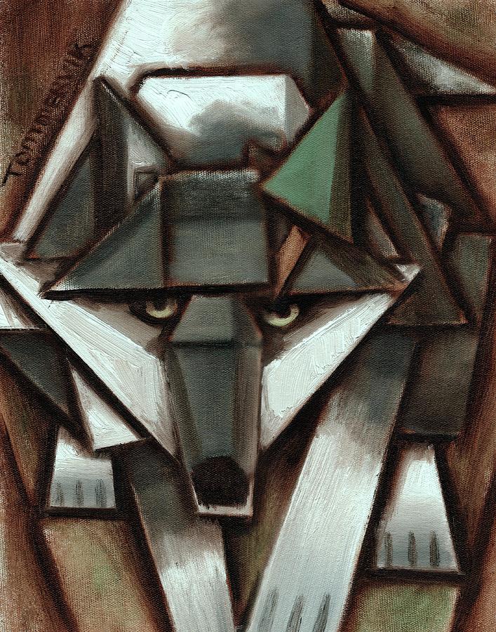Geometric Wolf Portrait Painting - Abstract Gray Wolf Painting by Tommervik