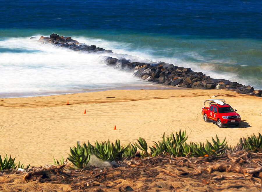Red SUV on Sandy Beach Photograph - Topaz St Jetty Redondo Beach by Joe Schofield