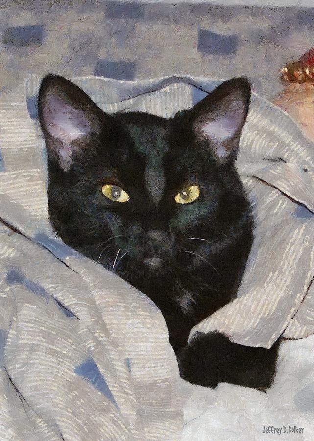 Cozy Black Cat Resting Painting - Undercover Kitten by Jeffrey Kolker