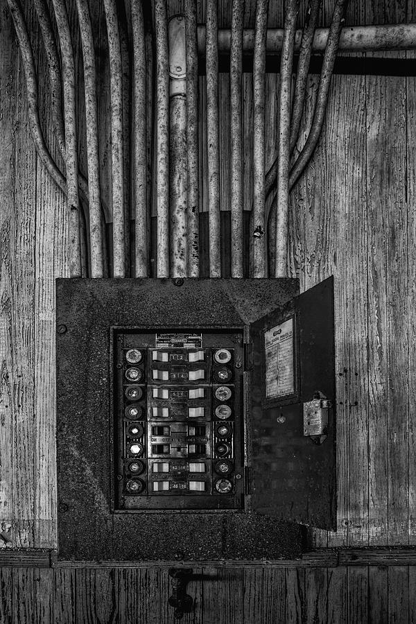 Rustic Industrial Circuit Breaker Photograph - Vintage Electric Panel BW by Susan Candelario