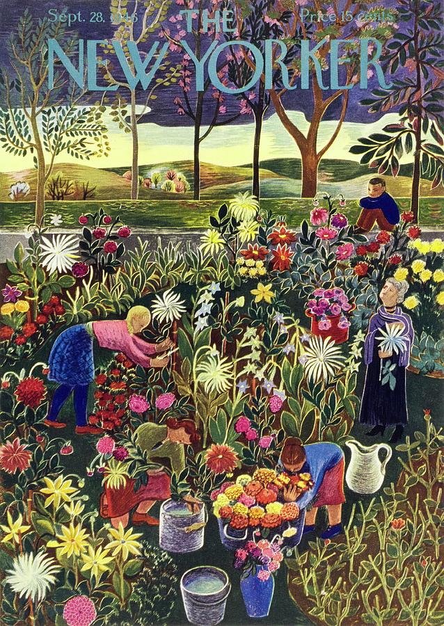 Gardening in a Colorful Meadow Drawing - New Yorker September 28 1946 by Ilonka Karasz