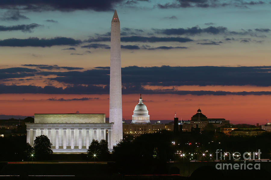 Washington D.C. Skyline at Dusk Photograph - Washington DC Landmarks at Sunrise I by Clarence Holmes