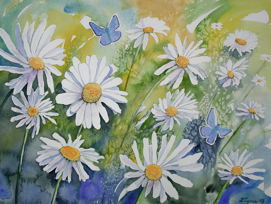 Watercolor - Daisies and Common Blue Butterflies Painting by Cascade Colors