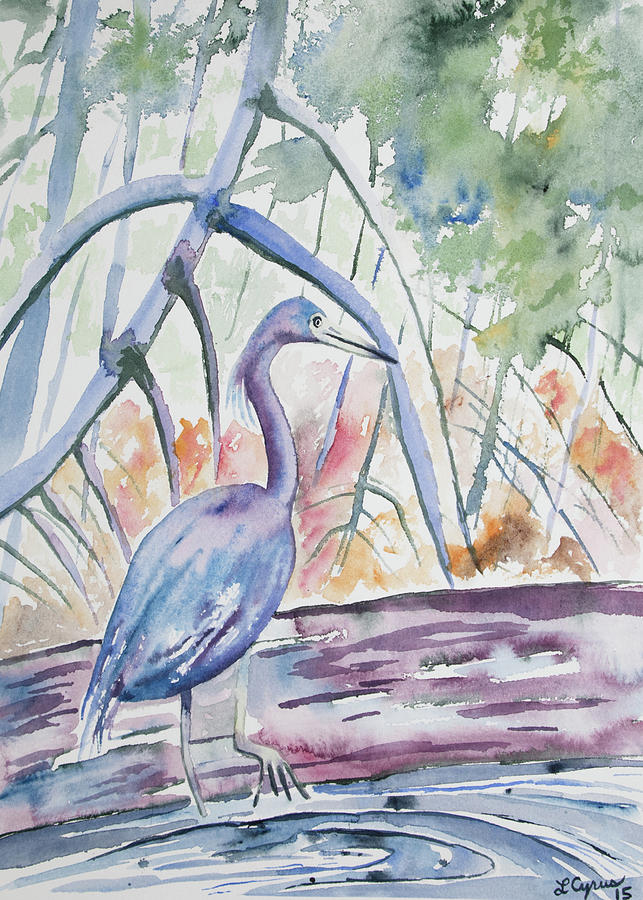 Watercolor - Little Blue Heron in Mangrove Forest Painting by Cascade Colors