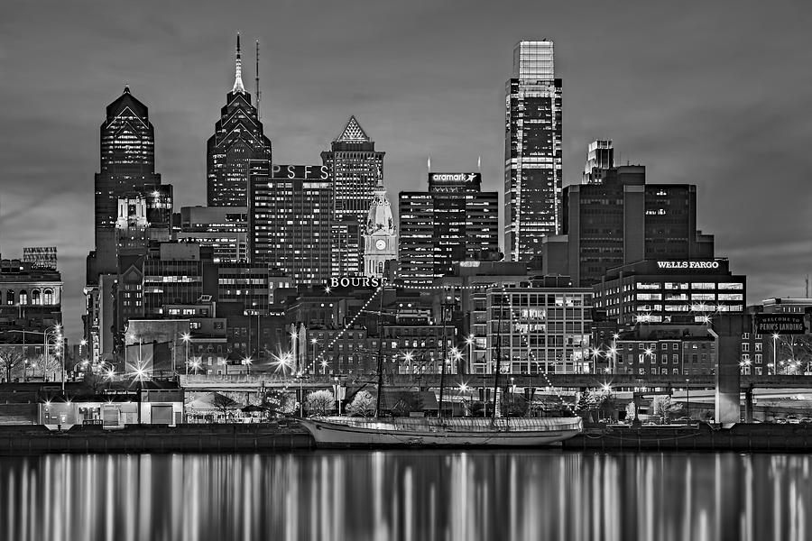 Philadelphia Skyline at Night Photograph - Welcome To Penns Landing BW by Susan Candelario