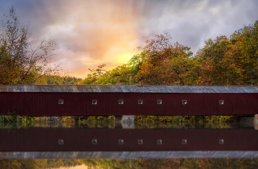 Vibrant Sunset Over Covered Bridge Photograph - West Cornwall Covered Bridge by Susan Candelario