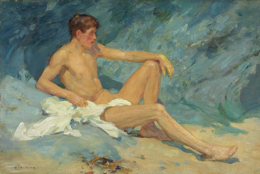 Henry Scott Tuke Male Reclining Painting - A Male Nude Reclining On Rocks by Henry Scott Tuke