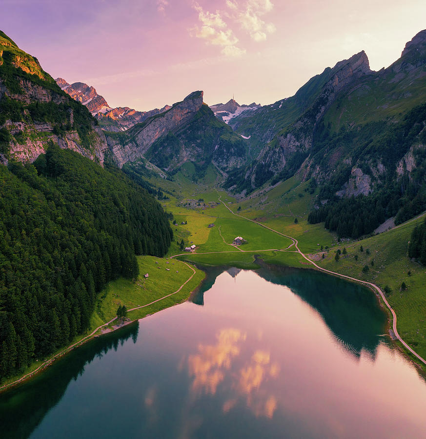 Aerial view of the Seealpsee lake in the Swiss Alps at sunset #1 Photograph by Miroslav Liska