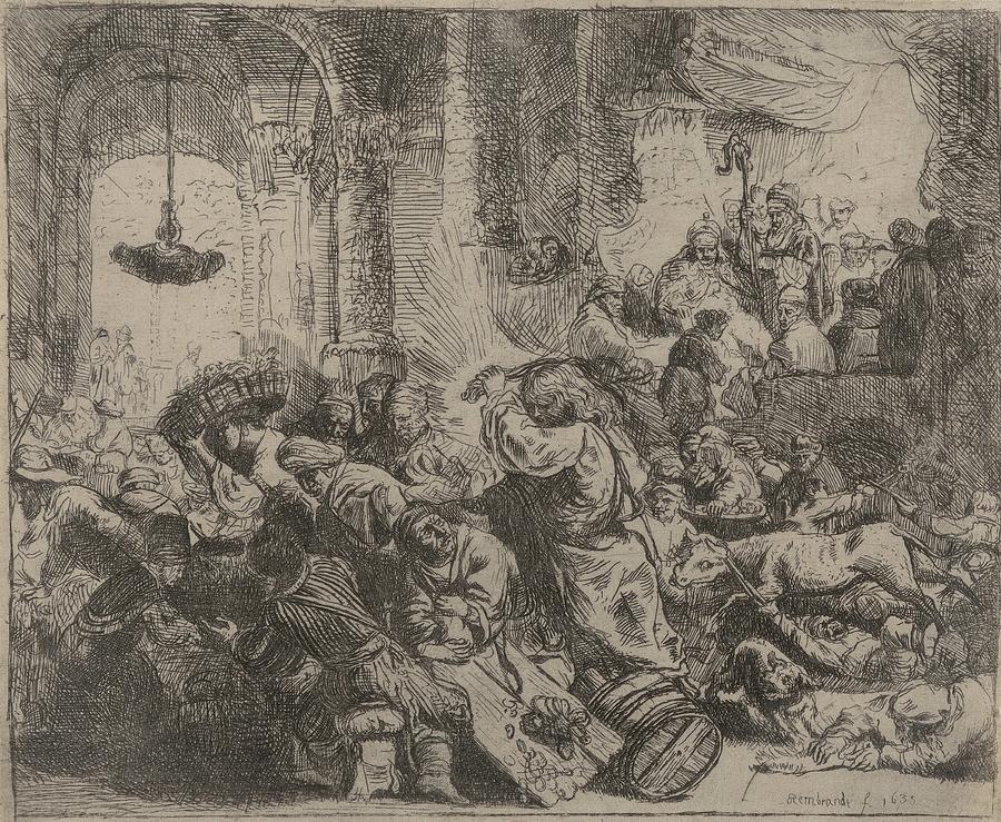 Christ and Money Changers by Rembrandt Drawing - Christ Driving The Money Changers From The Temple by Rembrandt Van Rijn