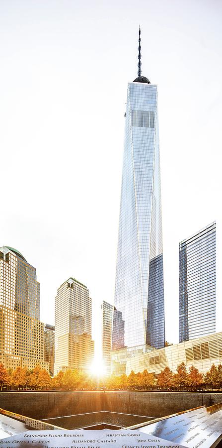 New York City, Manhattan, Lower Manhattan, One World Trade Center, Freedom Tower, National September 11 Memorial With Freedom Tower During The Foliage #1 Digital Art by Antonino Bartuccio