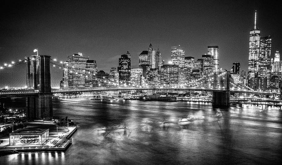 Brooklyn Bridge and NYC Skyline at Night Digital Art - Brooklyn Bridge & Skyline, Nyc #2 by Antonino Bartuccio
