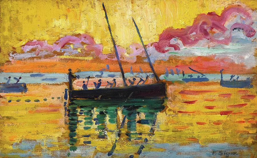 Colorful Sunset Over Sailboats Painting - Concarneau by Paul Signac