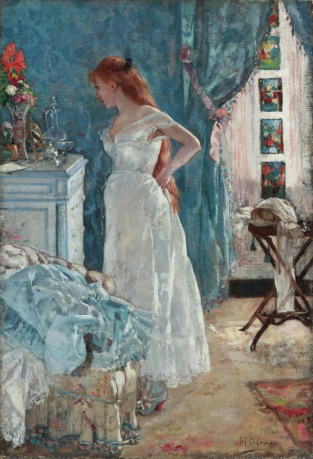 Woman in White Dress by a Mirror Painting - La Toilette by Henri Gervex