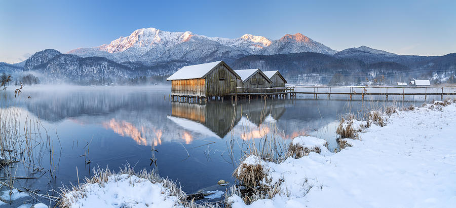 Germany, Bavaria, Upper Bavaria, Bavarian Alps, Schlehdorf, Boat Huts On The Kochelsee Towards Herzogstand And Heimgarten #3 Digital Art by Christian Back