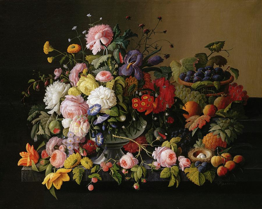 Flowers and Fruits in Abundance Painting - Still Life; Flowers And Fruit by Severin Roesen