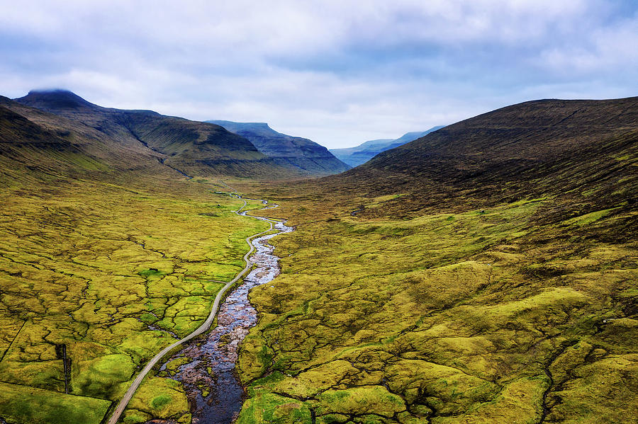 Aerial view of a road going to the village of Saksun on Faroe Islands Photograph by Miroslav Liska