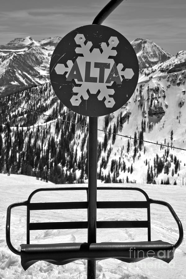 Alta Ski Lift Chair Winter Scene Photograph - Alta Ski Lift Chair Black And White by Adam Jewell