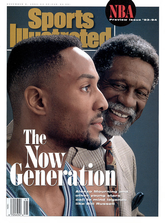 Alonzo Mourning with Bill Russell Photograph - Bill Russell And Charlotte Hornets Alonzo Mourning, 1993 Sports Illustrated Cover by Sports Illustrated