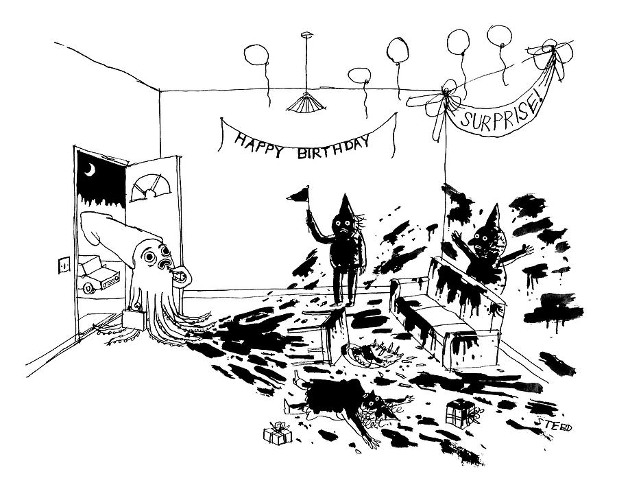 Surreal Birthday Party Chaos Drawing - Birthday Surprise by Edward Steed
