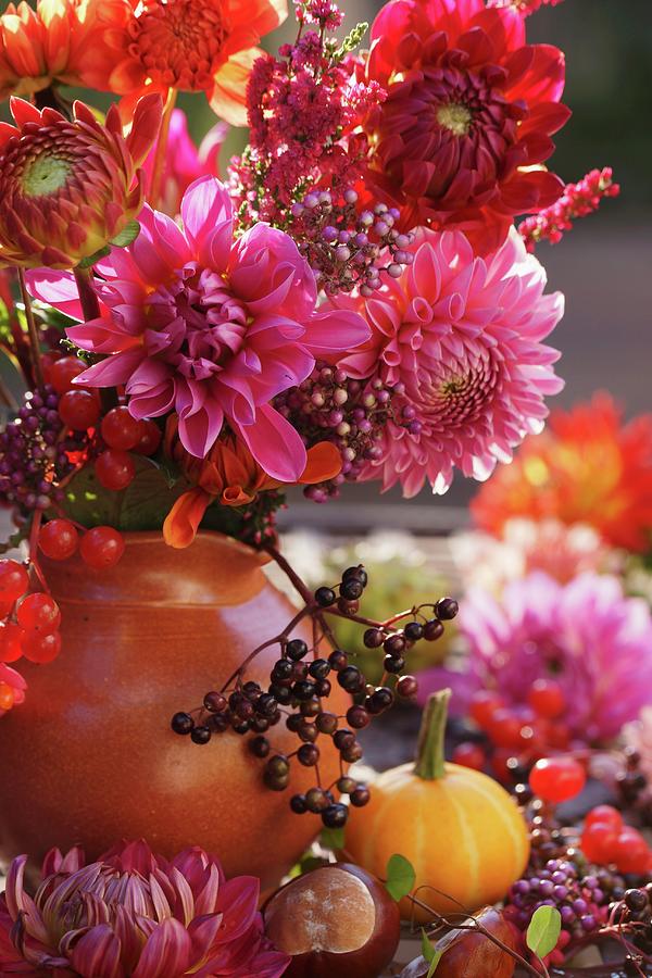 Bouquet Of Red Dahlias With Sprig Of Berries In Vase Photograph by