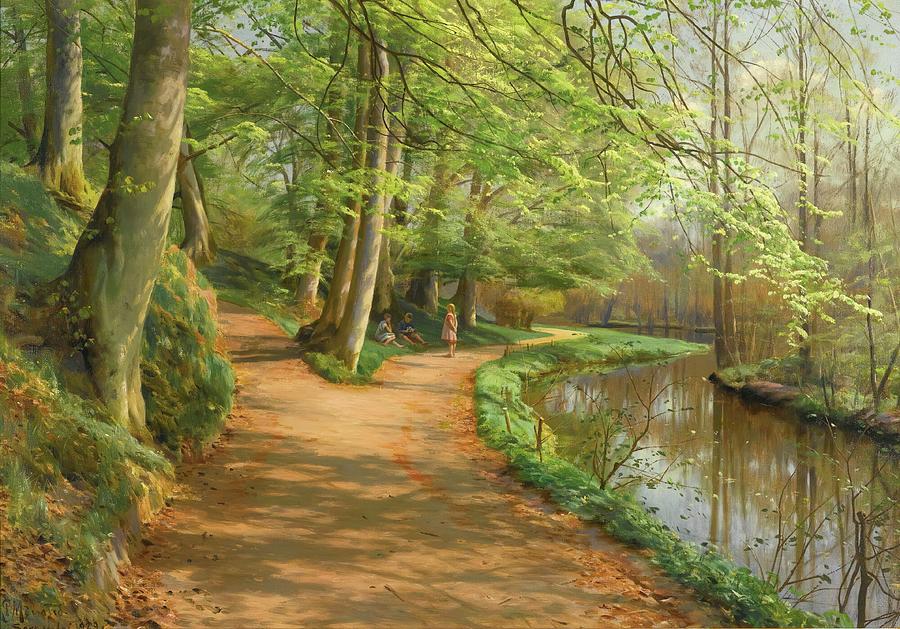Children Strolling by the River Painting - Children By A Stream by Peder Mork Monsted
