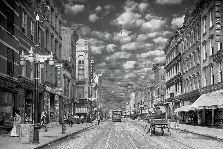 City - NY - Main Street Poughkeepsie, NY - 1906 - Black and White by Mike  Savad