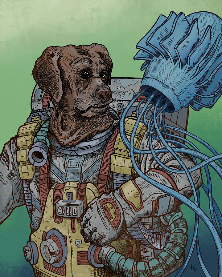 Dog Astronaut with Alien Jellyfish Digital Art - Concern by EvanArt - Evan Miller