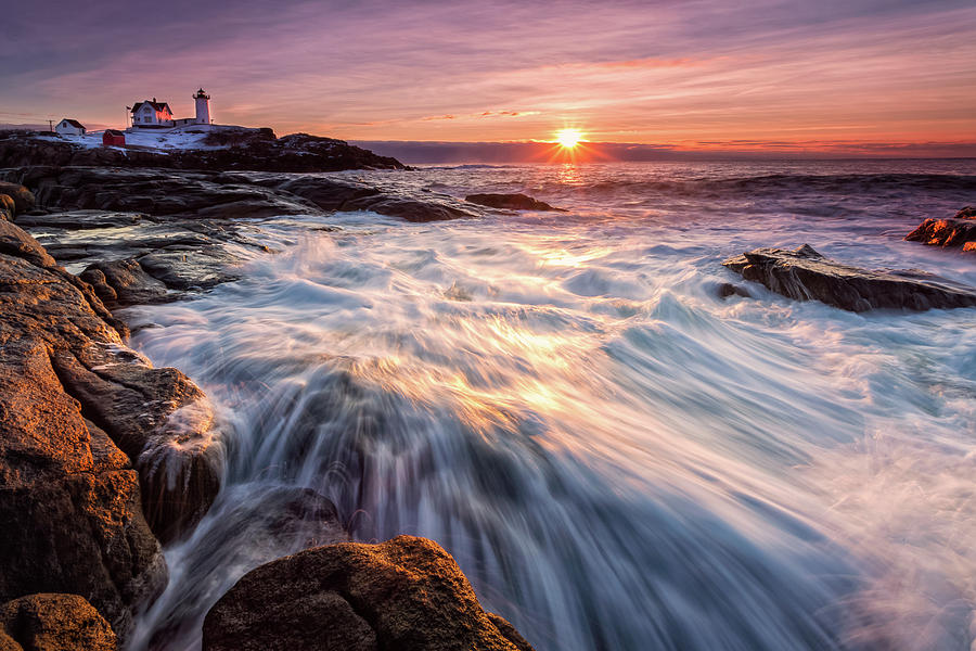 Crashing Waves at Sunrise, Nubble Light. Photograph by Jeff Sinon