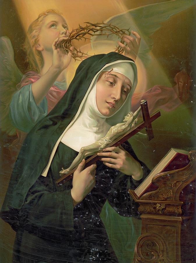 Female Saint Holding Crucifix While Crown Of Thorns by Anonymous
